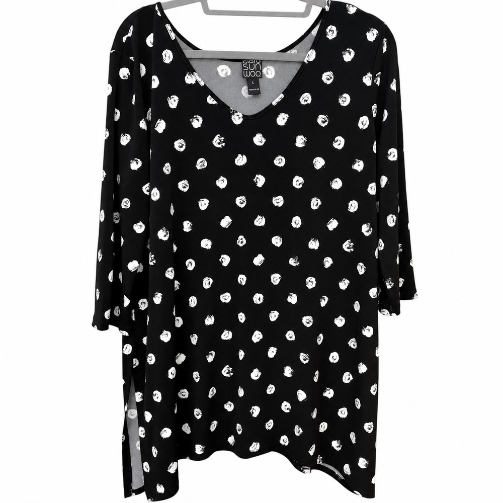Clara Sunwoo Womens Large Tunic Black White Polka Relaxed Travel Artsy Casual
